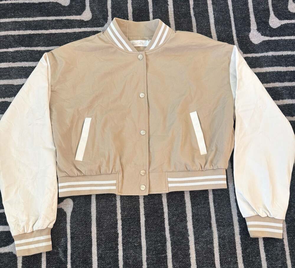 DulceBe Women's Beige Two-Tone Cropped Varsity Bomber Jacket